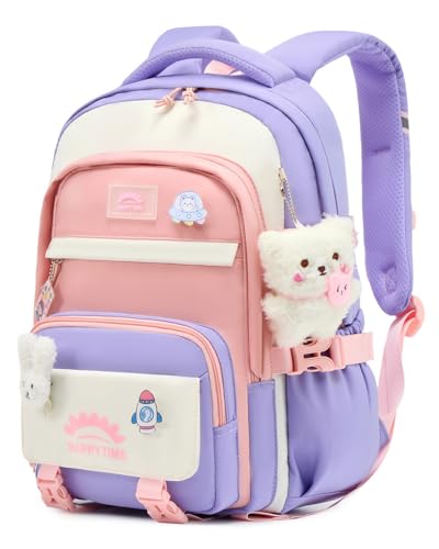 Tanou Girls' School Backpacks, 20 Litres Backpack for Girls from 8 to 12 Years | Lightweight and Waterproof Nylon Kawaii School Backpack with Pendant, Purple