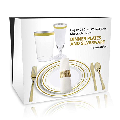 Plastic Dinnerware Set – TrueLook Tableware! 24 Disposable Plates, Cups, Flutes, Napkins, Napkin Rings and Silverware - White and Gold Plastic Plates for Parties, Wedding, Fancy Dinner Occasions - Thumbnail 7