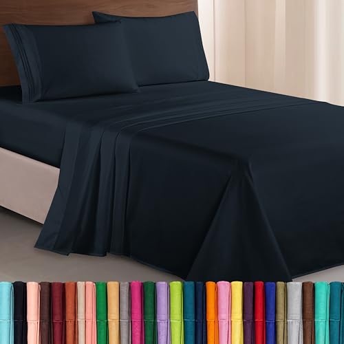 Elegant Comfort Luxurious 1500 Premium Hotel Quality Microfiber Three Line Embroidered Softest 4-Piece Bed Sheet Set, Wrinkle and Fade Resistant, Queen, Black
