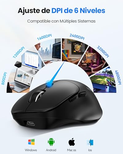 TECKNET Ratón Bluetooth, Raton Inalambrico Recargable(Tri-Mode: BT 5.0/3.0 + 2.4G), Silencioso Raton Ergonómico con 4800 dpi Ajustable para Portátiles, Mac OS, Android, Windows