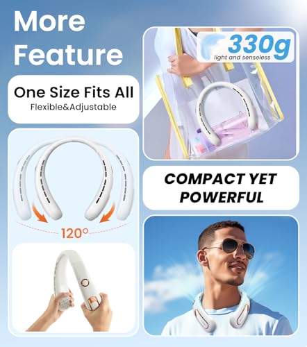 Neck Fan, Hands Free Bladeless Portable Neck Fan, 4000mAh USB Rechargeable Battery Fan, 3 Speed Personal Cooling Fan with 360° Airflow - for Hot Flashes Home Office Travel Outdoor Sports (White)
