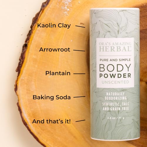 Fragrance Free Body Powder for Women and Men, Unscented Talc Free Talcum Powder, Cornstarch Free Dusting, Waxing, Natural Sugaring, Foot Powder, Dry Shampoo, Made in USA, Ora’s Amazing Herbal, 2.5 oz