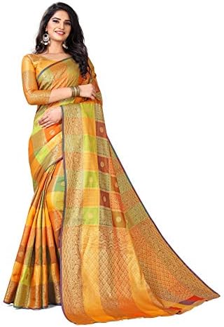 Rivana Women's Zari Woven Banarasi Style Patola Silk Sari With Blouse Piece (Multicolored)
