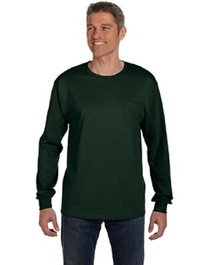 Men's Double-Needle Tagless Long Sleeve Pocket T-Shirt!