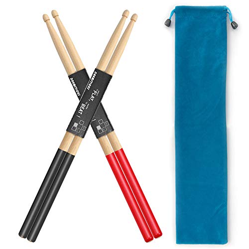Drum sticks Set 2 Pair 5A Non-Slip Drum Sticks Classic Maple Wood, 1 Pair red 1 Pair black with a Velvet Drawstring Bag