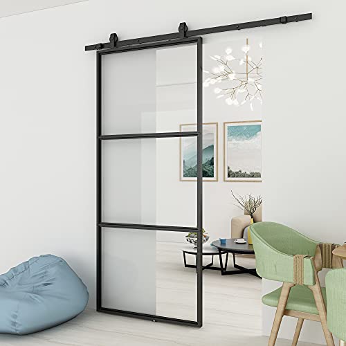 JUBEST 36in x 84in Glass Barn Door, Clear Tempered Glass Carbon Steel