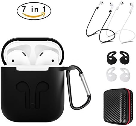 AirPods Case 7 In 1 Airpods Accessories Kits Protective Silicone Cover and Skin for Apple Airpods Charging Case with Airpods Ear Hook Airpods Staps/Airpods Clips/Skin/Tips/Grips Blue by Maxelf (Black)
