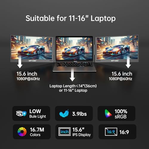 MT-VIKI 15.6 inch Laptop Screen Extender, Portable Triple Monitor for Laptop Only One USB-C Cable Connection,Compatiable with Win/Mac, FHD 1080P, [Included Storage Bag & Driver Needed]