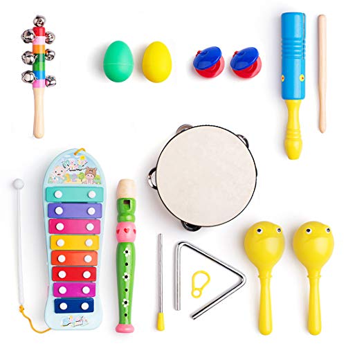 Frunsi Musical Instruments Toys Set for Kids, Toddlers, Pre-School, 9 in 1 Music Percussion Toy Set Xylophone, Maraca, Egg Shaker, Flute, Tambourine, Bell Stick, Finger Clapper, Triangle, Tone Blocks - Thumbnail 5