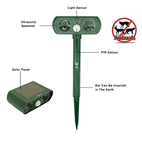 Ultrasonic Animal Repeller, ZOVENCHI Solar Powered Pest Repeller, Waterproof Outdoor Repellent with Motion Activated PIR Sensor, Repel Dogs, Cats, Squirrels and more