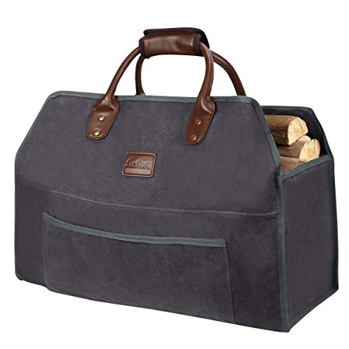 Sunflora Firewood Carrier Tote Bag with Extra Thick Padded Handle for Easy Carrying, Large Water Resistant Log Carrier with Front Pocket for Accessories for Camping, Fireplace Wood Stove (Dark Gray)