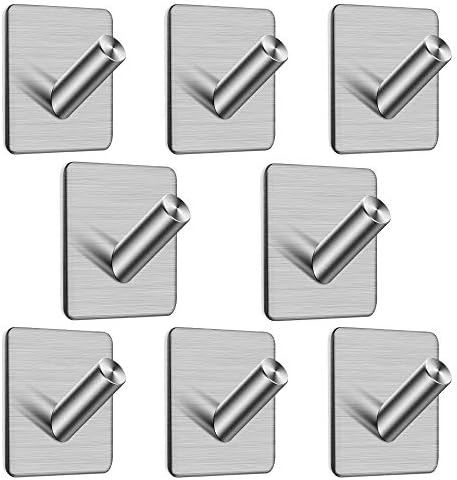 8 Pack Self Adhesive Hooks, Anteer Stainless Steel Hooks Heavy Duty Wall Hooks Hangers Stick On Bathroom Kitchen Hooks for Umbrellas, Scarves, Towels, Robes, Bags, Coats, Keys, Calendars
