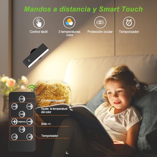YiLaie Interior Wall Sconce, Wall Light without Cable with Remote Controls, 3 Colour Temperatures, Touch Control, Wall Lamp without Cable Suitable for Headboard Reading, Battery Operated for
