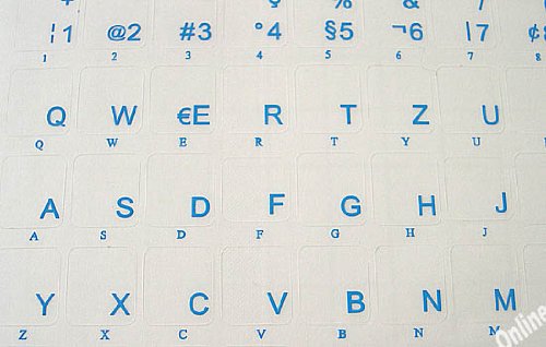 SWISS FRENCH GERMAN KEYBOARD STICKERS TRANSPARENT BACKGROUND BLUE LETTERING FOR ALL PC DESKTOP COMPUTER LAPTOP