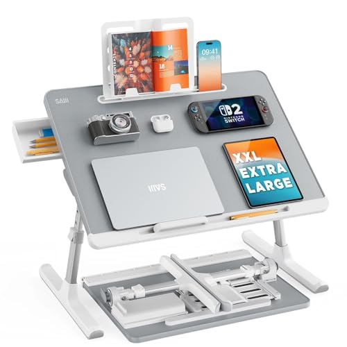 Laptop Tisch, SAIJI groß Desktop, Multifunktion Bett Tisch, Höhen Winkel verstellbar, mit Buchständer, Schublade, Lap Stopper, Tablet Schlitz, Bett Fu