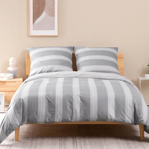 ATsense Bettwäsche 135x200 Baumwolle, 4 teilig Wende Bettwäsche-Sets mit Weiß&Grau Gestreiftes, ÖKO-TEX Weiche 2 Bettbezug Set mit Reißverschluss und