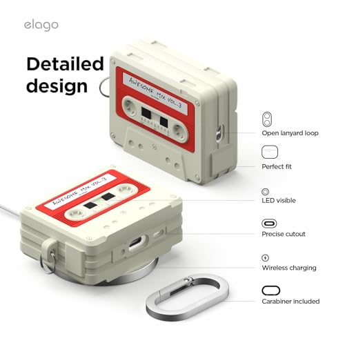elago Retro Cassette Case Compatible with AirPods Pro 3, with Carabiner, Wireless Charging, Shockproof, Soft Silicone, Visible Front LED (Classic White)