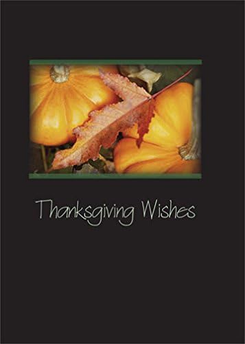 Thanksgiving Greeting Cards - TH7002. Business Greeting Card Featuring a Pumpkin and Autumn Leaves. Box Set Has 25 Greeting Cards and 26 White with Gold Foil Lined Envelopes.