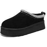 Amazing Cosy Women's Platform Slippers, Genuine Suede Warm Fleece Lined Anti-Slip Tazz Style for Indoor Outdoor (Black/Chestnut/Sand, US Women Size 6-9)