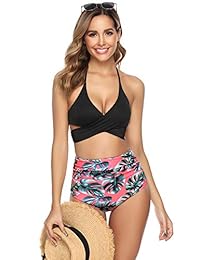 iClosam Traje de baño de dos piezas con cintura alta, con cordón, sujetador y calzoncillos de cintura alta, para dama