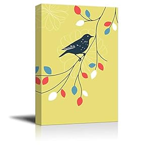 Canvas Birds Series - A Bird Standing on a Tree Branch with Colorful Leaves - Giclee Print Gallery Wrap Modern Home Art Ready to Hang - 12x18 inches
