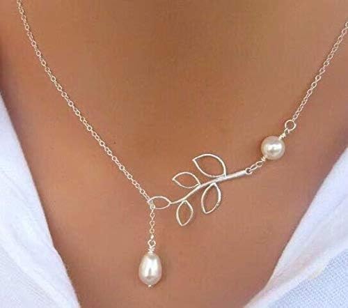 XiZiMi Necklace with Pendant for Woman and Girl, Motif with Pearl and Leaves