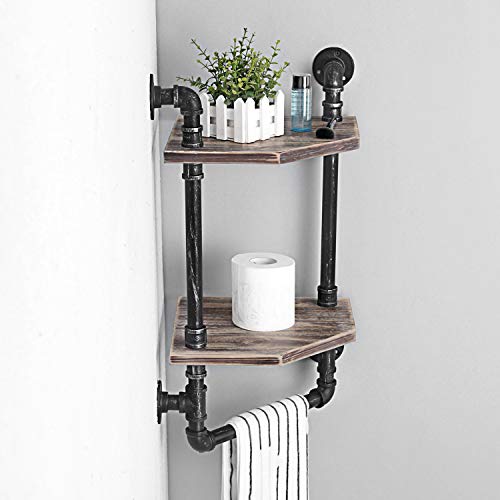 Weven Industrial Pipe Corner Shelf,Rustic Wall Shelves with Towel Bar