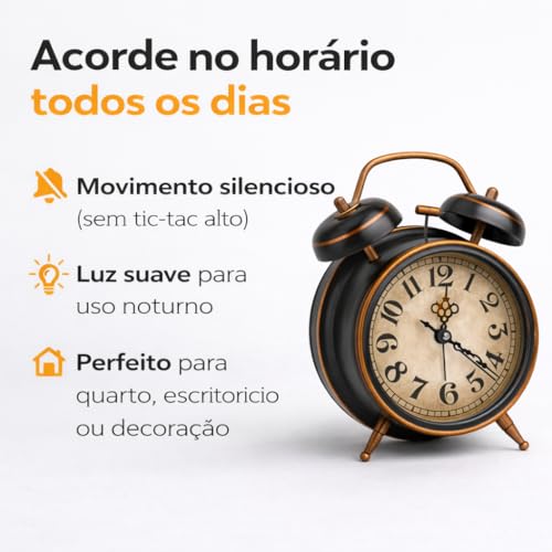 Relógio Despertador Retrô, Preto com Cobre, Estilo Vintage, Design Clássico, Ideal para Mesa de Cabeceira
