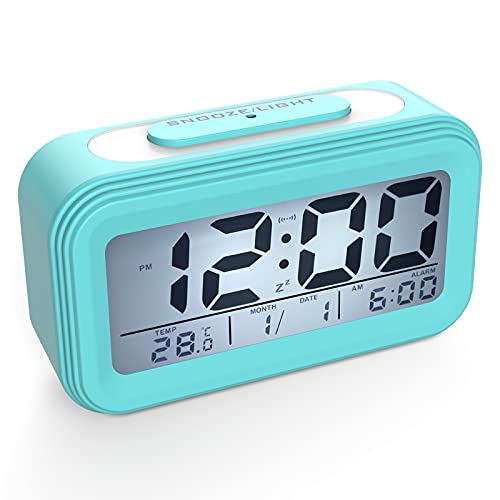 Coolzon Réveil Digital Réveil Matin, Horloge Numérique Réveil à Pile Silencieux pour Enfants Adultes Grand écran LED Température Calendrier, Reveil de Voyage avec Veilleuse Snooze Fonction, Bleu