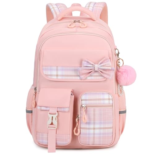 Tanou Girls Primary School Bag, Waterproof Daypack School Backpack for Teens, Kawaii Checked School Bag for Girls 9-16 Years Old for Travel