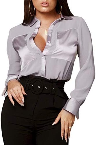 D Jill Women's Casual V Neck Long Sleeve Button Down Shirt Chiffon Blouse Tops