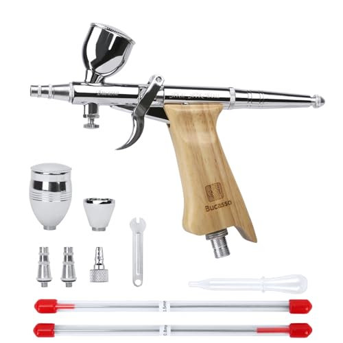 Bucasso Airbrush Kit, Air Gun with 0.3mm/0.5mm/0.8mm Needles/Nozzles, 3cc/7cc/11cc Replaceable Fluid Cup for Painting Mockups Nail Pastel Tattoo Makeup (W002-B)