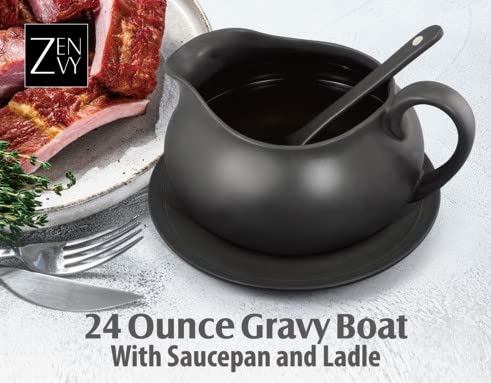 ZENVY 24 Oz Ceramic Gravy Boat Set with Saucer & Spoon - Elegant White with Matte Black Handle, Oven Microwave Dishwasher Safe