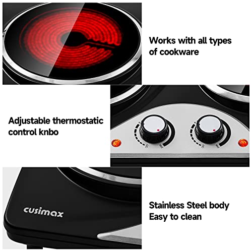 CUSIMAX Electric Stove Double Hot Plate1200W+900W Infrared Ceramic Plate for Cooking, Dual Temperature Control Cooktop Burner