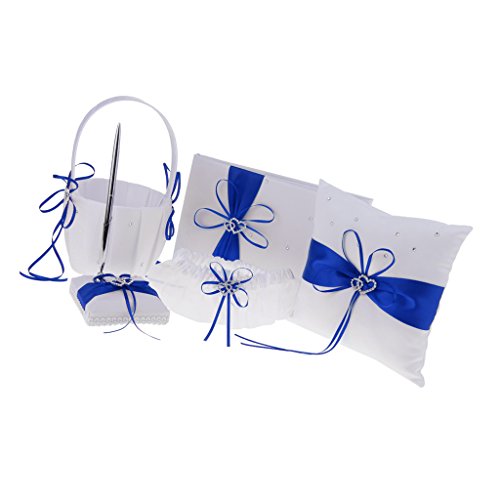 SunniMix Pieces of 5 Wedding Set Guest Book and Pen Stand Flower Girl Basket Ring Cushion Ring Holder Ring Bearer Garter Keepsake Memorial - Blue, as described