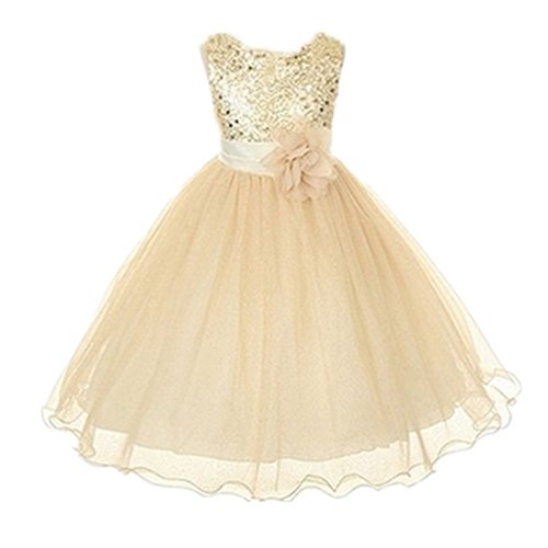 Weixinbuy Kids Girls Sequin Bowknot Sleeveless Summer Wedding Party Dress Beige 4-5Y