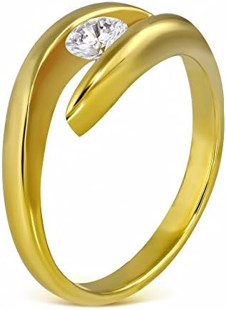 Gold Color Stainless Steel Tension-Set Engagement Bypass Ring with Clear CZ