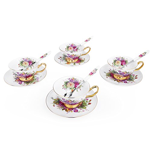 ARTVIGOR 12-Piece New Bone China Coffee and Tea Service Set, Floral Patterns 6.8oz / 200ml Cup & Saucer Sets with Spoons for 4 - Thumbnail 7