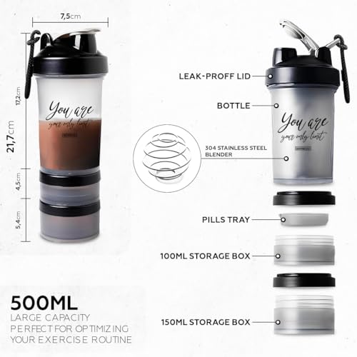 BERNESSI 500ml/17oz Protein Shaker Bottle with Leak-Proof for Protein Mixes & Shakes with Stainless Steel Ball, Protein Bottle Blender Cocktail Shaker Cup for Gym Fitness Home Pre Workout (Limit)
