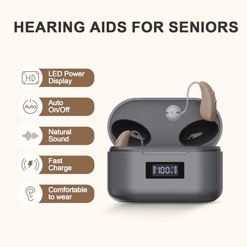 Hearing Aids for Seniors and Adults, JINGHAO BTE Rechargeable Hearing Aids with Intricon A6 Chip Digital Sound Processing & Noise Reduction, Auto On/Off, Volume Adjustable & Portable Charging Case – One Pair | Intricon A6 Chip