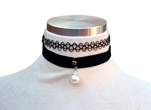 Jcpeniel fashion Vintage Black Velvet Pearl Pendent Tattoo Gothic Necklace Multilayer Choker