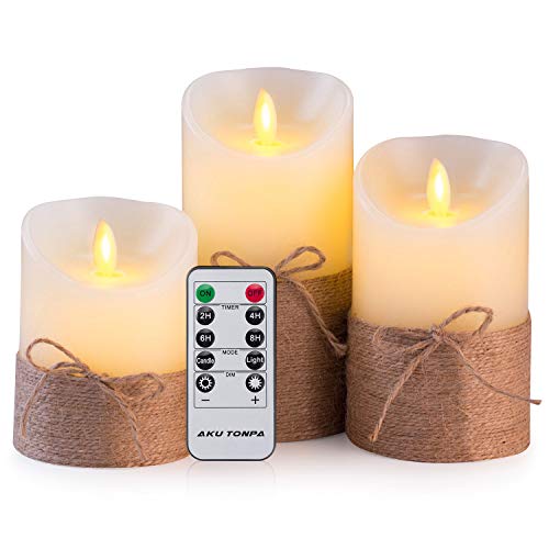 Aku Tonpa Flameless Candles Battery Operated Pillar Real Wax Flickering Moving Wick Electric LED Candle Gift Set with Remote Control and Timer, Ivory Wax with Hemp Rope - Thumbnail 7