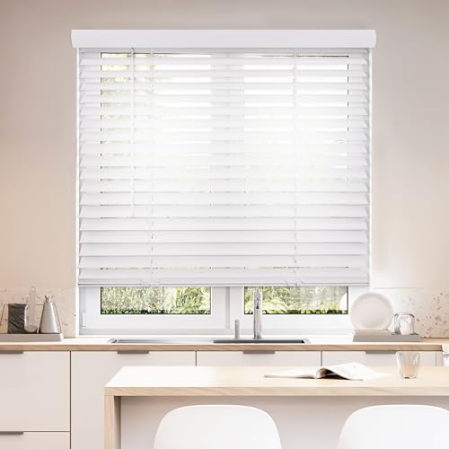 DEZ FURNISHINGS Cordless 2" Smooth Faux Wood Blind, 25.75" W x 48" H, Smooth Wh…