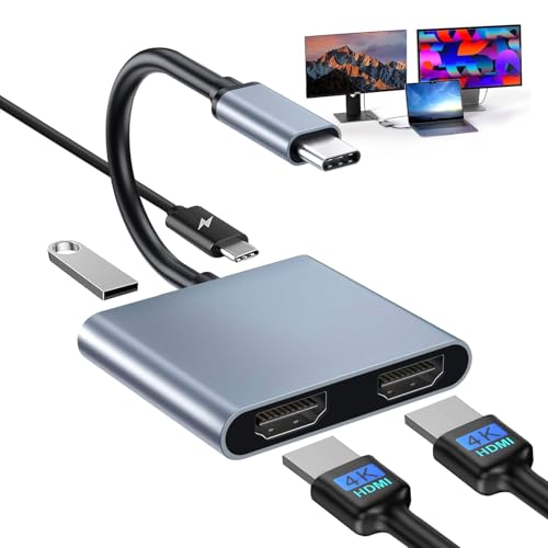 Usb C To Dual Hdmi Adapter, 4 In 1 Splitter For Monitors 4K, 2.0 Port, Type Adapter Multiport, Hub 4K@60Hz, Macbook Pro/Air, Ipad, Surface, Dell