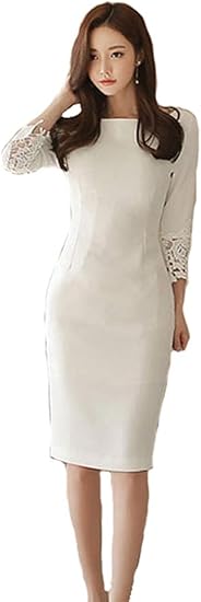 Kimberley レース 7分袖 膝丈 スリット タイト ワンピース 白 シンプル フォーマル ドレス セクシー キャバ嬢 パーティー ナイトドレス ワンピース チュニック 通販 Amazon