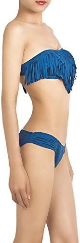 Toponeline Sexy Women's Pure Color Tassel Fringe Bandeau Pleat Bottom Low Rise Bikini Set RoyalLarge flexible