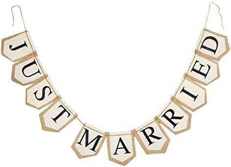 Rustic Burlap Assembled Fabric Flag Banner: Just Married