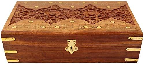 UniqueKrafts Handmade Wooden Keepsake Storage Box Jewelry Trinket Holder Organizer Diamond-Carving-Brass Inlay - 10 Inches