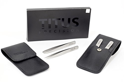 Titus Elite - Luxury Twin Pack - Premium Grade Slant Tip & Splinter Tip Tweezers with Leather Case