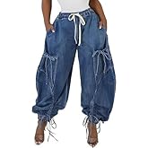 NRTHYE Women Baggy Cargo Jeans Joggers Drawstring High Waist Loose Harem Wide Leg Denim Pants Sweatpants with Pockets